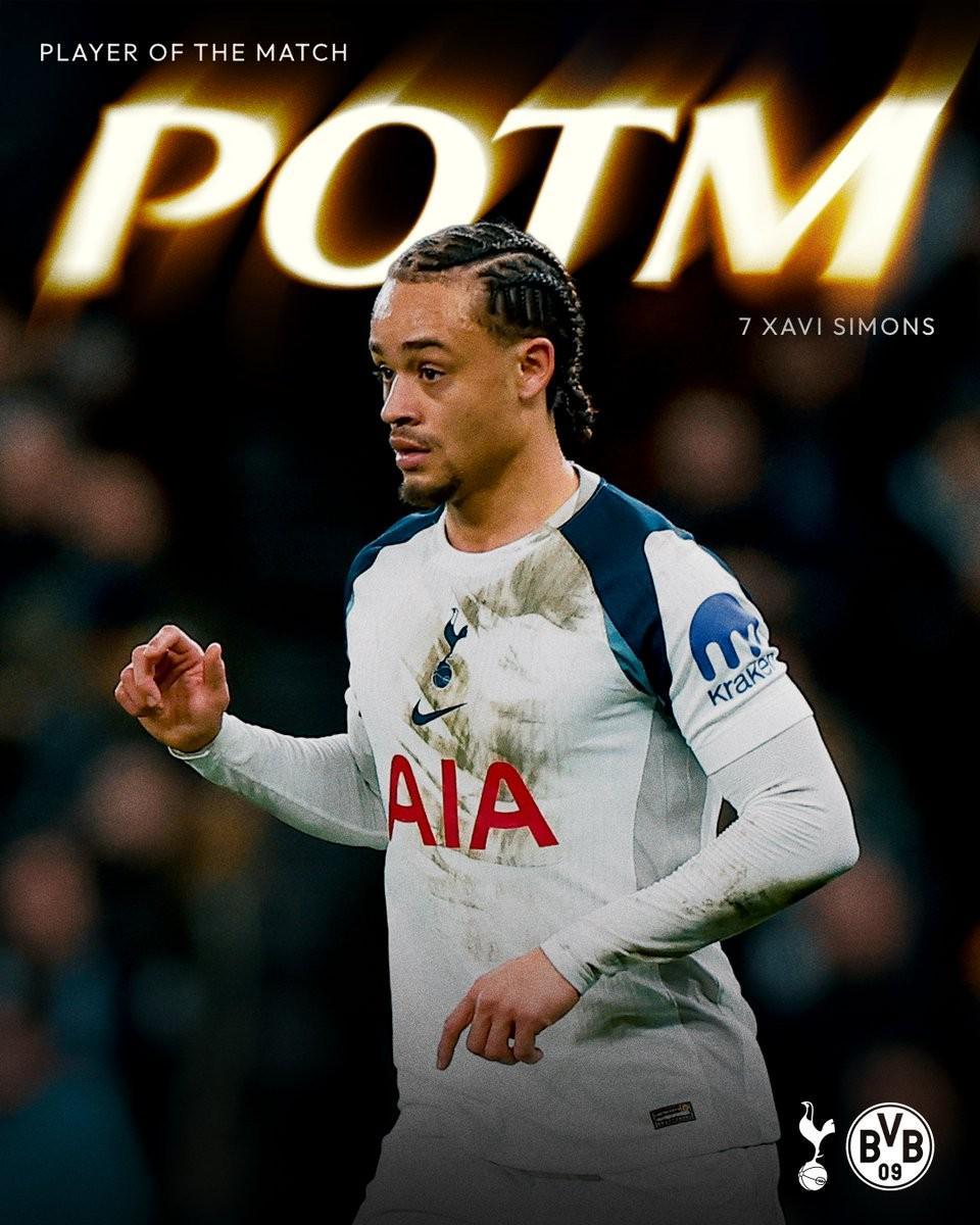 热刺官方:哈维-西蒙斯当选与多特一役队内最佳球员